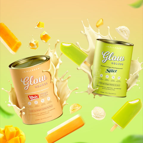 Two cans of 'Glow' with ice cream and fruit on a gradient background
