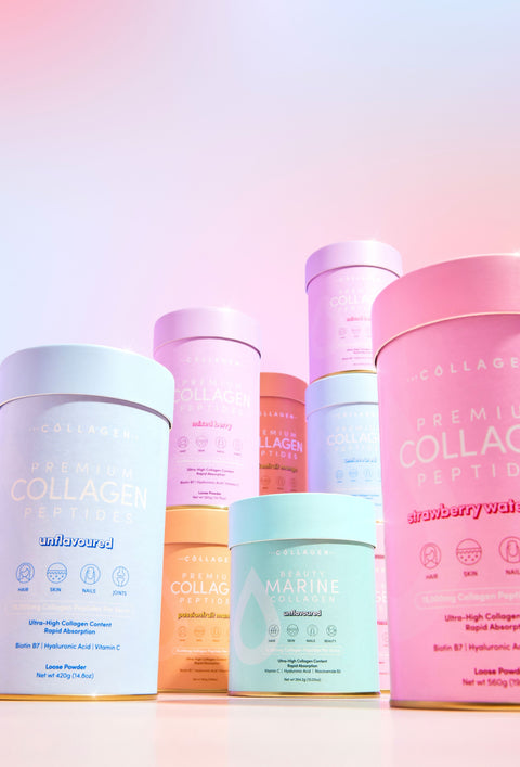 Collection of collagen powder containers with colorful labels on a gradient background