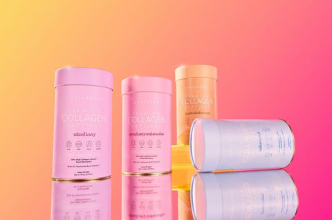 Collagen supplement containers on a gradient pink and orange background